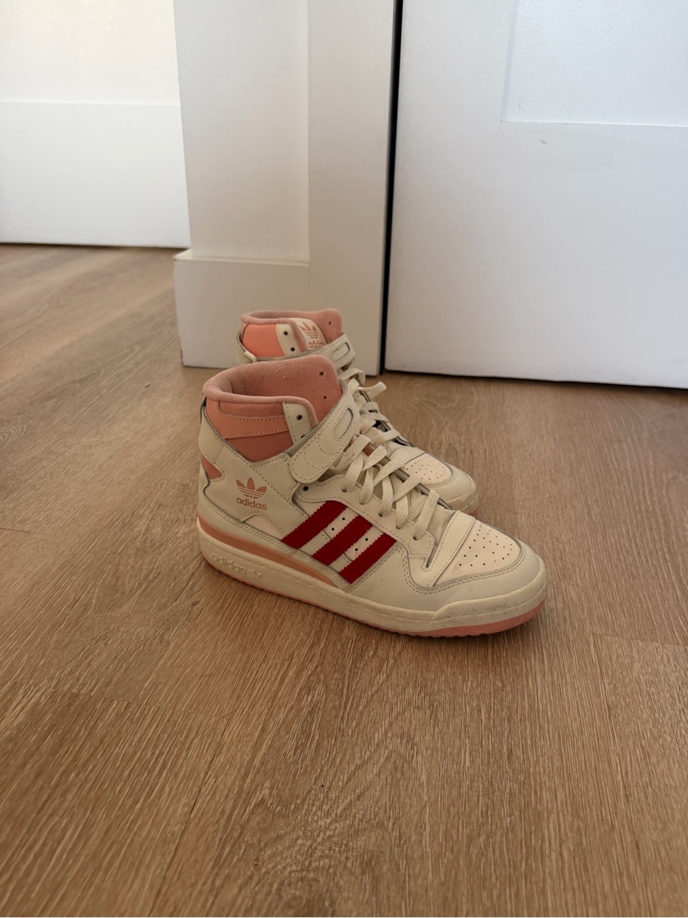 adidas High-Top Sneakers in Cream with Pink & Red Accents
